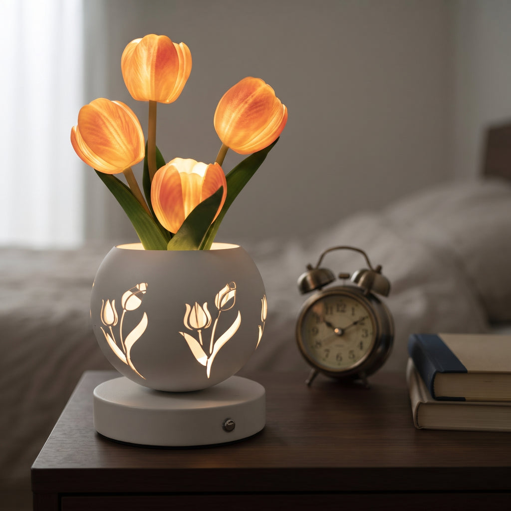 Lámpara tulipán LED sobre una mesilla de noche junto a un despertador y libros, para mostrar su tamaño