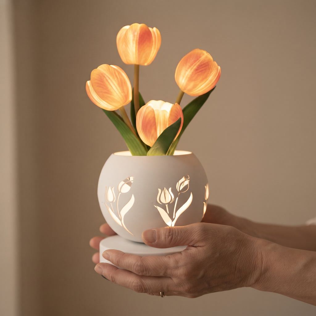 Lámpara tulipán LED sostenida en una mano para mostrar su tamaño real