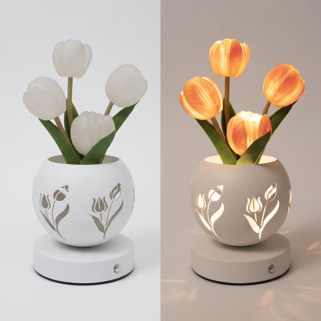 Comparación de la lámpara tulipán LED apagada y encendida, lado a lado