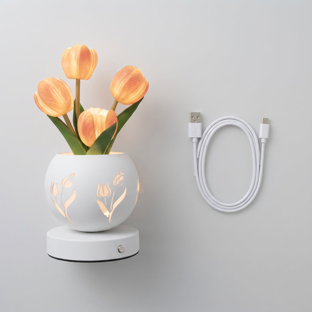 Lámpara tulipán LED junto a su cable de carga USB incluido